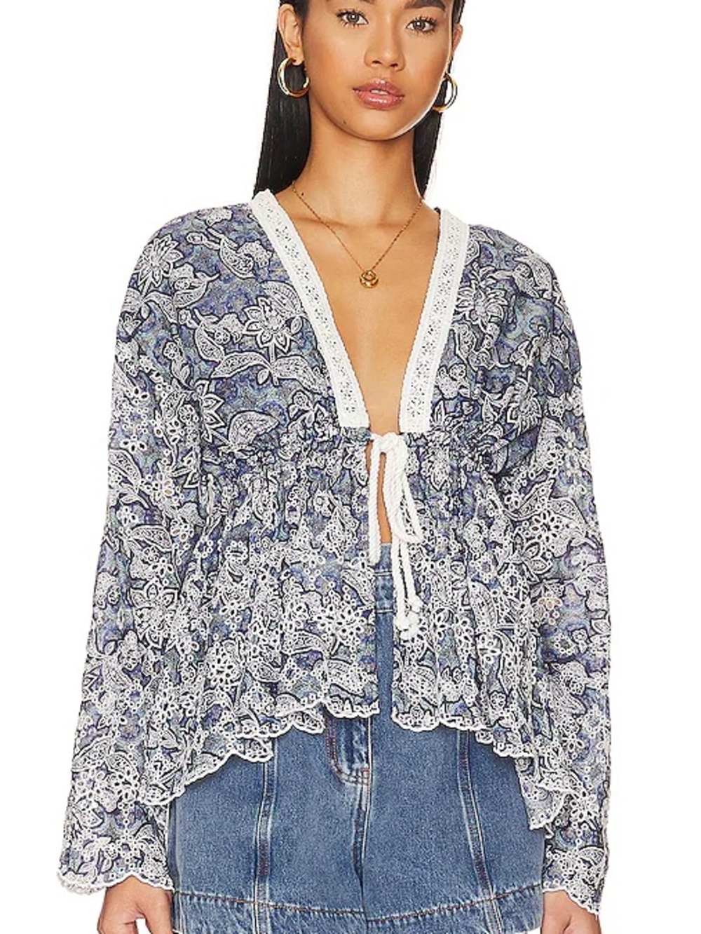 Free People Anissa Bed jacket Navy and White Lace-Trimmed 100% cotton